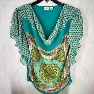 CATO womens blouse Peasant Boho Soft Tunic Top Size L green paisley pullon